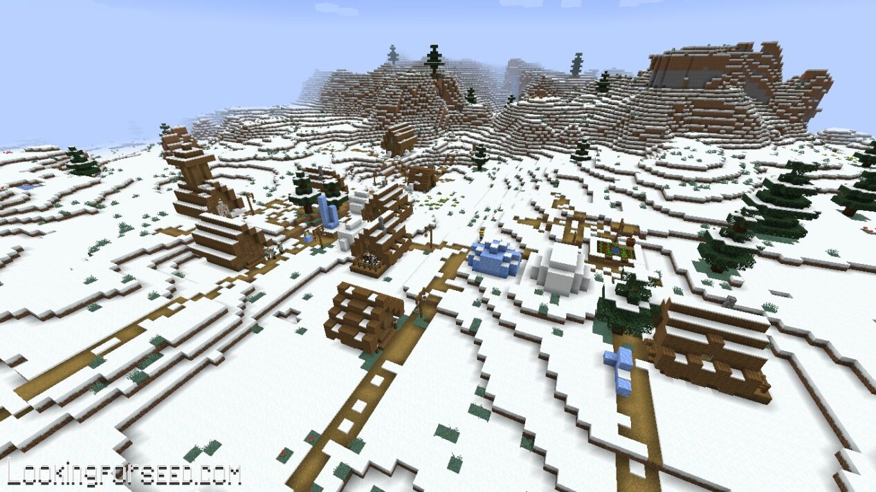 Beautiful Snow Village Near Snowy Mountains, Mineshaft, and Igloo